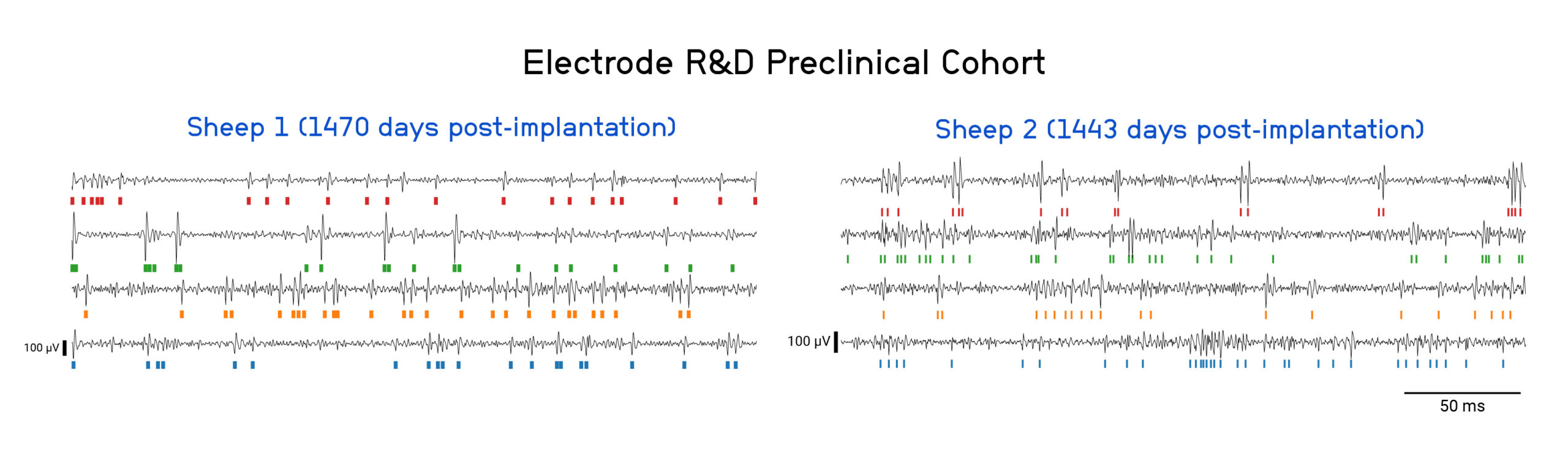 The red, green, orange, and blue tick marks indicate threshold-crossing neural spikes. For clear visualization, 4.5x threshold-crossing neural spikes are indicated. Neural spikes captured using a 3.5x threshold are fed into the data analysis pipeline for neural decoding to fully capture the relevant neural activity.