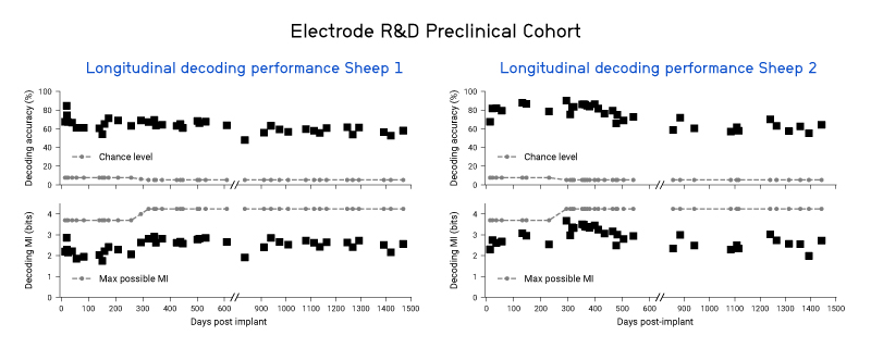 Longitudinal tracking of tone decoding accuracy and mutual information (MI) in Sheep 1 and Sheep 2 over post-implantation days.